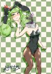  1girl absurdres anger_vein animal_ears bare_shoulders black_legwear blush bunnysuit checkered checkered_background dullahan green_hair highres inutokage long_hair looking_at_viewer monster_girl original pantyhose rabbit_ears solo twintails wrist_cuffs yellow_eyes 