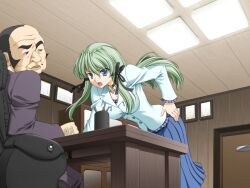  1boy 1girl 2000s_(style) :o angry black_hair blue_eyes casual chair game_asset green_hair hair_ribbon jewelry kagashima_itsuki long_hair mahou_senshi_(series) mahou_senshi_elixir_knights necklace night non-web_source official_art old old_man open_mouth outdoors ribbon saitou_natsuki self-datamine skirt variant_set visual_novel_cg 