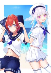  2girls :d absurdres alternate_costume ange_katrina arms_behind_back beach blue_eyes blue_hair blue_neckerchief blue_sailor_collar blue_shorts blue_sky blush border buttons closed_mouth clouds colored_inner_hair commentary_request day double-breasted groin hair_between_eyes hair_intakes hair_ornament hands_up hat highres lize_helesta long_hair looking_at_viewer looking_to_the_side medium_hair midriff miniskirt multicolored_eyes multicolored_hair multiple_girls navel neckerchief nijisanji open_mouth outdoors outside_border pleated_skirt red_hair sailor_collar sailor_hat school_uniform serafuku shirt shore short_sleeves shorts skirt sky smile thigh-highs triangle_hair_ornament two-tone_eyes two-tone_hair very_long_hair violet_eyes virtual_youtuber white_border white_hair white_hat white_sailor_collar white_serafuku white_shirt white_skirt white_thighhighs zettai_ryouiki zyenokana 