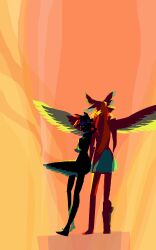  2girls animal_ears bird_wings bow braid cat_ears cat_girl commentary_request dress eico eyed_silhouette facing_away feathered_wings full_body hair_bow highres kaenbyou_rin leaning_on_person long_hair multiple_girls one-hour_drawing_challenge orange_background reiuji_utsuho silhouette skirt standing touhou wings 