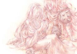  1boy 1girl armor bandaged_arm bandages closed_mouth dress ender_lilies_quietus_of_the_knights flower fretia_(ender_lilies) hair_over_eyes long_hair nanai_yuki open_mouth painting_(medium) pauldrons red_hair revision shoulder_armor sitting smile spiked_pauldrons spikes traditional_media ulv_the_mad_knight very_long_hair watercolor_(medium) white_dress white_hair 