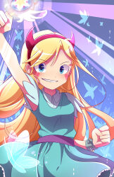  1girl anah_41 animification aqua_dress aqua_shirt arm_up belt blonde_hair blue_eyes bracelet breasts bug butterfly clenched_hand commentary cowboy_shot dress english_commentary facial_mark fake_horns glowing gradient_background grin hairband heart heart_facial_mark highres holding holding_wand horn_hairband horns jewelry long_hair magical_girl purple_belt red_hairband shirt small_breasts smile solo spiked_bracelet spikes star_butterfly star_vs_the_forces_of_evil swept_bangs wand 