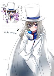  1boy 1girl absurdres asahi_rise blue_eyes blue_gem blue_shirt blush brown_hair cape closed_eyes commentary_request cosplay gem gloves hat highres holding holding_gem holding_staff jacket kaitou_kid kaitou_kid_(cosplay) long_hair looking_at_viewer magic_kaito mashu-tan meitantei_conan meitantei_precure! monocle monocle_chain moria_luluka necktie on_shoulder precure red_necktie shirt short_hair staff suit sweatdrop tear_arcana_rod top_hat white_cape white_gloves white_hat white_suit 