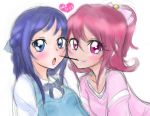  2girls aida_mana blue_eyes blue_hair blush couple dated dokidoki!_precure grin half_updo hishikawa_rikka long_hair looking_at_viewer mouth_hold multiple_girls open_mouth pink_eyes pink_hair pocky pocky_kiss precure shared_food short_hair sketch smile warehamonokaki yuri 