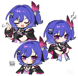  1girl :< :d black_capelet black_choker black_gloves black_ribbon blush bracelet capelet choker closed_eyes closed_mouth commentary_request crossed_arms expressionless fingerless_gloves frown genshin_impact gloves gradient_ribbon hair_between_eyes hair_intakes hair_ornament hair_ribbon hairclip hand_up highres index_finger_raised jewelry looking_at_viewer multiple_views oooma_155 open_mouth pink_ribbon prune_(genshin_impact) purple_hair ribbon screw_hair_ornament short_hair side_ponytail simple_background smile studded_bracelet two-sided_capelet u_u upper_body v-shaped_eyebrows violet_eyes white_background 