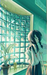  1girl arm_sling bandaged_head bandages black_hair black_sailor_collar black_skirt blurry braid crutch depth_of_field highres indoors kobushi_abiru long_hair nddk_aaa neckerchief plant pleated_skirt potted_plant red_neckerchief sailor_collar sayonara_zetsubou_sensei school_uniform serafuku shirt skirt solo twin_braids white_shirt window 