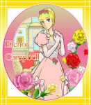  1girl blonde_hair blue_eyes character_name dress elbow_gloves eleanor_campbell flower frame gloves gown hair_flower hair_ornament hair_up hands_on_own_chest hands_together jewelry lim necklace pink_dress pink_rose puffy_short_sleeves puffy_sleeves red_rose rose short_sleeves solo victorian victorian_romance_emma yellow_rose 