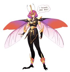  1girl adapted_costume antennae arm_at_side arthropod_girl belt bob_cut bridal_gauntlets cape crown english_text frooter_tooter_(dig) full_body gauntlets gold_trim gundam gundam_zz haman_karn insect_wings military_uniform neo_zeon pink_hair rhinoceros_beetle smile speech_bubble standing thought_bubble wings 