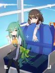  2girls absurdres black_hair brown_eyes gatchaman_crowds green_eyes green_hair highres ichinose_hajime long_hair low-tied_long_hair mizu_(hopeko12) multiple_girls pantyhose school_uniform sitting utsutsu very_long_hair viewfinder 