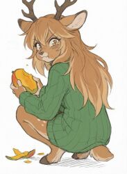 1girl animal_ears animal_nose antlers brown_fur brown_hair cheek_bulge commentary_request deer_antlers deer_ears deer_girl deer_tail eating enekasei food food_on_face from_behind fruit full_body full_mouth furry furry_female green_sweater grey_fur highres holding holding_food holding_fruit hooves horns long_sleeves looking_at_viewer looking_back mango naked_sweater original parted_lips ribbed_sweater sidelocks smile snout solo squatting sweater tail thighs turtleneck turtleneck_sweater two-tone_fur v-shaped_eyebrows 