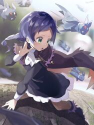  1girl bad_id bad_twitter_id bat_(animal) black_cape black_dress black_shoes blue_hair braid cape commentary_request dress green_eyes hand_up highres jewelry long_hair looking_down meili_portroute mirayskw monster necklace open_mouth re:zero_kara_hajimeru_isekai_seikatsu riding serious shoes solo 