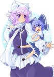  2girls ahoge arm_grab blue_dress blue_eyes blue_hair bow child cirno dress hair_bow hat highres ice ice_wings letty_whiterock long_sleeves maru-pen multiple_girls open_mouth pink_hair puffy_sleeves scarf shirt short_sleeves skirt skirt_set smile touhou vest wide_sleeves wings 