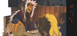  2boys 2girls absurdres blonde_hair commentary_request facial_mark flak_jacket forehead_protector highres jacket jiraiya_(naruto) laughing long_hair mrjieshisu multiple_boys multiple_girls naruto_(classic) naruto_(series) orange_jacket shizune_(naruto) smile spiky_hair teacher_and_student tsunade_(naruto) uzumaki_naruto white_hair 