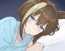  1girl animal_ears blue_eyes blue_pajamas blue_shirt blush brown_hair cheval_grand_(umamusume) closed_mouth commentary_request hair_between_eyes horse_ears horse_girl long_sleeves looking_at_viewer lying multicolored_hair nanasedayoxd on_side pajamas shirt short_hair short_hair_with_long_locks sidelocks smile solo streaked_hair umamusume white_streaks 