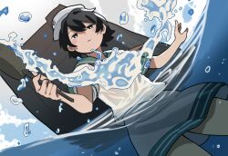  1girl black_hair closed_mouth commentary green_eyes green_sailor_collar hair_between_eyes hat highres hishaku hydrokinesis murasa_minamitsu sailor_collar sailor_hat shirt short_hair short_sleeves solo touhou touhou_lost_branch_of_legend tuck_(tuck23978434) wading water water_drop white_shirt 