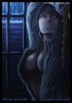  1girl artist_name bars black_hair breasts brown_eyes cleavage close-up collaboration colored high_collar jumpsuit key law67 long_hair mouth_hold nico_robin night no_bra one_piece open_clothes prison rope sagatsune snow solo unzipped watermark web_address 