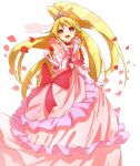  1girl aida_mana blonde_hair bow brooch byurin choker cure_heart curly_hair dokidoki!_precure dress earrings engage_mode_(dokidoki!_precure) frills gloves hair_ornament hairpin half_updo heart_hair_ornament highres jewelry long_hair magical_girl petals pink_dress pink_eyes ponytail precure ribbon smile solo white_background 