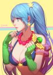  1girl aqua_hair asukaziye bare_shoulders beads bikini blue_bikini blue_eyes blue_hair breasts cleavage fingerless_gloves gloves gradient_hair green_gloves hair_ornament jewelry league_of_legends long_hair looking_away multicolored_hair necklace solo sona_buvelle star swimsuit twintails vertical_stripes 