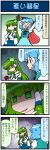  2girls 4koma arms_up artist_self-insert closed_eyes comic crazy_smile detached_sleeves empty_eyes frog_hair_ornament green_eyes green_hair hair_ornament highres juliet_sleeves kochiya_sanae long_sleeves mizuki_hitoshi multiple_girls open_mouth puffy_sleeves real_life_insert shaded_face shirt skirt smile snake_hair_ornament sweat tatara_kogasa touhou translated vest 
