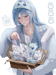  1boy absurdres acrylic_stand_(object) blue_cardigan blue_eyes blue_gem blue_hair blue_pajamas blush box bubble_wrap cardigan closed_mouth edmond_(nu_carnival) eye_mask gem hair_between_eyes hair_down highres holding holding_box keyring long_hair male_focus mask merchandise nu_carnival official_alternate_costume pajamas pointing quilted_clothes rabbit shirt simple_background spoken_blush spoken_squiggle squiggle user_sdsw3237 very_long_hair white_background white_shirt 