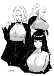 3girls absurdres artist_name black_coat breasts coat facial_mark helloodaf highres huge_breasts hyuuga_hinata large_breasts long_hair mature_female monochrome multiple_girls naruto_(series) ponytail signature tsunade_(naruto) twitter_username yamanaka_ino 
