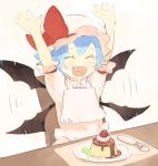 1girl :d arms_up bat_wings bib blue_hair chair dress fangs flapping food fruit happy hat hat_ribbon mob_cap open_mouth pink_dress plate pudding remilia_scarlet ribbon shihou_(g-o-s) short_sleeves sitting smile solo spoon strawberry touhou wings 