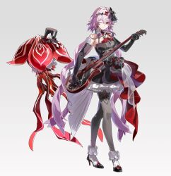  black_dress black_gloves black_pantyhose black_shoes closed_mouth commentary dress elbow_gloves evernight_(honkai:_star_rail) full_body gloves grape_(grapedraws) grey_background hair_ornament high_heels holding holding_instrument honkai:_star_rail honkai_(series) instrument long_hair march_7th_(honkai:_star_rail) one_eye_closed pantyhose pink_hair red_eyes shoes simple_background smile socks socks_over_pantyhose solo standing very_long_hair white_socks 