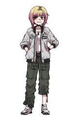  1girl ace_combat ace_combat_8 asymmetrical_legwear blonde_hair collarbone commentary green_eyes green_pants grin highres jacket karepack looking_at_viewer pants pink_hair shoes smile sneakers solo tasha_(ace_combat) uneven_legwear upside-down_text 