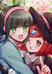  2girls :d bell blue_serafuku brown_eyes chabashira_tenko choker danganronpa_(series) danganronpa_v3:_killing_harmony donutous gem_hair_ornament green_eyes green_hair hairband hat hat_belt highres hug looking_at_viewer mole mole_under_mouth multiple_girls neck_bell pink_choker pink_hairband red_hair school_uniform serafuku smile witch_hat yumeno_himiko yuri 