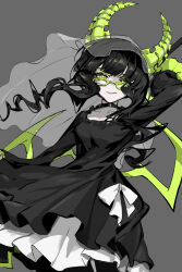  1girl black_dress black_rock_shooter commentary dead_master demon_girl demon_horns dress glasses green_eyes grey_background highres holding holding_scythe holding_weapon horns looking_at_viewer lunay scythe short_hair_with_long_locks solo veil weapon 