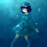  1girl blue_eyes blue_hair boots bubble dress hair_bobbles hair_ornament hat kawashiro_nitori key long_sleeves looking_at_viewer rubber_boots shirt short_hair short_twintails skirt skirt_set smile solo sunbeam sunlight touhou twintails underwater wet wet_clothes 