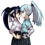  147 2girls blue_hair breast_press breasts character_request eye_contact gloves hakama hands_on_hips inazuma_eleven_(game) inazuma_eleven_(series) inazuma_eleven_go inazuma_eleven_go_chrono_stone japanese_clothes long_hair looking_at_another multiple_girls noses_touching ponytail profile simple_background standing symmetrical_docking white_background 