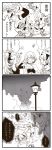  3girls 4koma ;d armband arms_behind_head bow breakdance cape comic gloves grin hair_bow hair_ornament hairclip highres kaname_madoka lamppost long_hair machico mahou_shoujo_madoka_magica mahou_shoujo_madoka_magica_movie miki_sayaka monochrome moth multiple_girls open_mouth ponytail sakura_kyouko short_hair short_twintails smile translated twintails v wink 