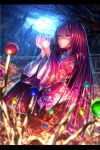  1girl blurry bow branch depth_of_field floral_print houraisan_kaguya japanese_clothes jeweled_branch_of_hourai letterboxed long_hair night purple_hair ryosios solo standing touhou very_long_hair wide_sleeves 