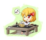  1girl :q blonde_hair hair_ribbon okonomiyaki red_eyes ribbon rumia short_hair smile solo tongue touhou urushi 