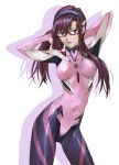  1girl arms_up blue_eyes breasts glasses hair_ornament hairband hands_in_hair long_hair looking_at_viewer makinami_mari_illustrious mc neon_genesis_evangelion plugsuit pose purple_hair rebuild_of_evangelion red-framed_glasses solo 