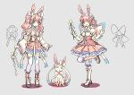  2girls animal_ears blue_eyes blush boots bow detached_sleeves dress drill_hair gloves highres japanese_clothes kimono long_hair looking_at_viewer multiple_girls north_abyssor personification pink_hair pokemon pokemon_(creature) pokemon_(game) pokemon_xy short_kimono smile sylveon thighhighs twintails wand white_legwear wide_sleeves wink 