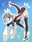  1girl bendy bent_over blue_hair dizzy flexible guilty_gear high_ponytail highres legs long_sleeves no_panties noraico payot puffy_long_sleeves puffy_sleeves red_eyes ribbon solo tail tail_ribbon thighhighs top-down_bottom-up 