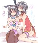  2girls animal_ears black_hair breast_press breasts bunnysuit china_dress chinese_clothes cleavage code_geass:_boukoku_no_akito creayus detached_collar dual_persona fishnet_pantyhose fishnets kousaka_ayano multiple_girls pantyhose rabbit_ears rough short_hair thighhighs 