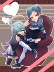  2girls armband beta_(inazuma_eleven) blue_hair breasts elbow_gloves eyepatch gloves gradient_hair green_eyes green_hair green_lipstick heart hilary_flail inazuma_eleven_(series) inazuma_eleven_go inazuma_eleven_go_chrono_stone inazuma_eleven_go_galaxy kneeling lipstick long_hair makeup multicolored_hair multiple_girls open_mouth pointy_ears protocol_omega sakurapain6918 sitting skirt thighhighs violet_eyes 