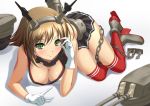  1girl bare_shoulders blush breasts brown_hair chain chaki-yam cleavage gloves green_eyes kantai_collection large_breasts lying mutsu_(kantai_collection) personification short_hair smile solo thighhighs 