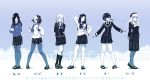  6+girls alternate_costume arm_up arms_behind_back black_hair black_legwear blush chi-class_torpedo_cruiser hand_on_hip hands_clasped hat highres ka-class_submarine kabeu_mariko kantai_collection long_hair looking_at_viewer mask monochrome multiple_girls one_eye_covered pantyhose pleated_skirt pose ri-class_heavy_cruiser ru-class_battleship school_uniform serafuku shinkaisei-kan short_hair skirt smile sweatdrop ta-class_battleship thighhighs translation_request white_legwear wo-class_aircraft_carrier 