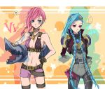  ... 2girls ? bare_shoulders blue_eyes blue_hair braid breasts cosplay costume_switch earrings goggles hand_on_hip jewelry jinx_(league_of_legends) kakip league_of_legends long_hair multiple_girls pink_hair twin_braids very_long_hair vi_(league_of_legends) 