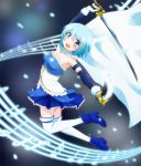  1girl :d armband armpits arms_up blue_eyes blue_hair cape dual_wielding gloves hair_ornament hairclip magical_girl mahou_shoujo_madoka_magica mahou_shoujo_madoka_magica_movie miki_sayaka musical_note open_mouth smile solo soul_gem sword thighhighs weapon yokoshima_(euphoria) zettai_ryouiki 