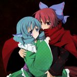  2girls arm_around_back black_background blue_eyes blue_hair blush bow cape covering_mouth hair_bow hand_on_another&#039;s_shoulder head_fins hyoumamyon japanese_clothes kimono long_sleeves looking_at_viewer multiple_girls obi red_eyes redhead sekibanki short_hair simple_background smile touhou tsurime wakasagihime wide_sleeves yuri 
