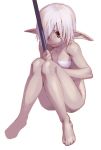  1girl blonde_hair cozy elf hair_over_one_eye knees_together_feet_apart original pointy_ears red_eyes simple_background sitting solo staff white_background 