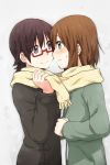  2girls blush brown_eyes brown_hair coat glasses hirasawa_yui k-on! kagiana manabe_nodoka multiple_girls red-framed_glasses scarf shared_scarf yuri 