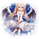  ahoge angel_wings barefoot blonde_hair blue_eyes blush dress feathers hiro1417 long_hair original smile v_arms wings 