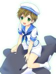  1boy blush brown_hair free! green_eyes hat male sailor sailor_hat short_hair smile socks solo tachibana_makoto whale 