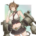  1girl breasts brown_eyes brown_hair chain crop_top gloves hairband headgear kantai_collection large_breasts lips mecha_musume midriff miniskirt mutsu_(kantai_collection) navel personification pleated_skirt short_hair skirt sleeveless smile soa solo white_gloves 